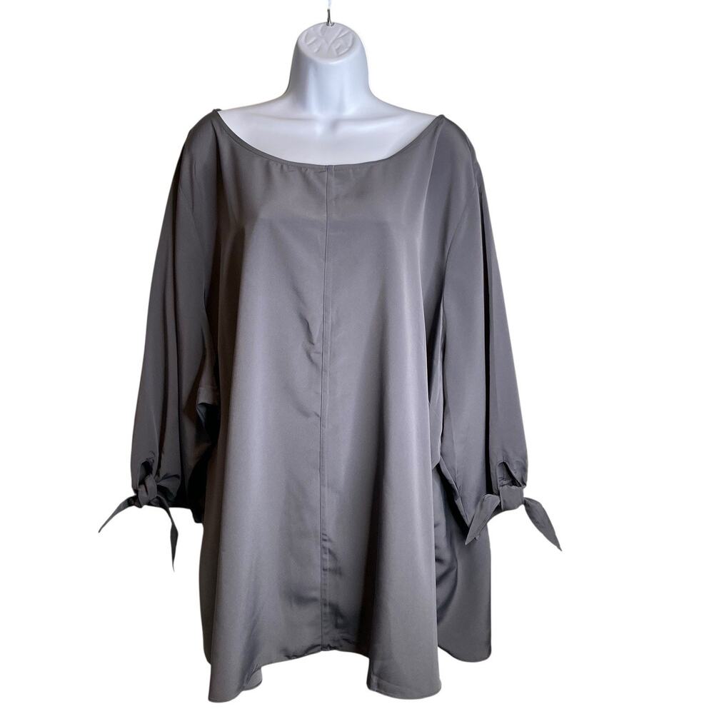 Lands End Women's Gray Satin Tunic Blouse Size 34W Tie Sleeves Career Timeless‎